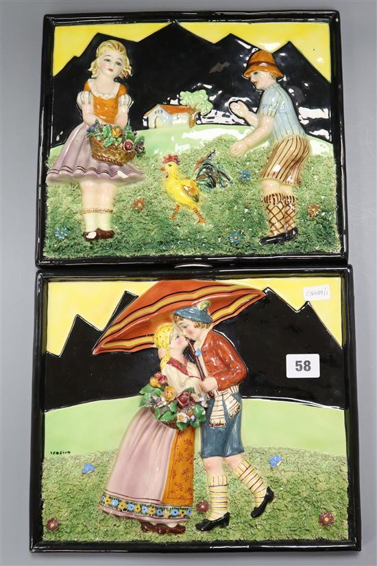 Teodoro Sebelin. A pair of Italian pottery plaques of couples, signed 26 x 30cm